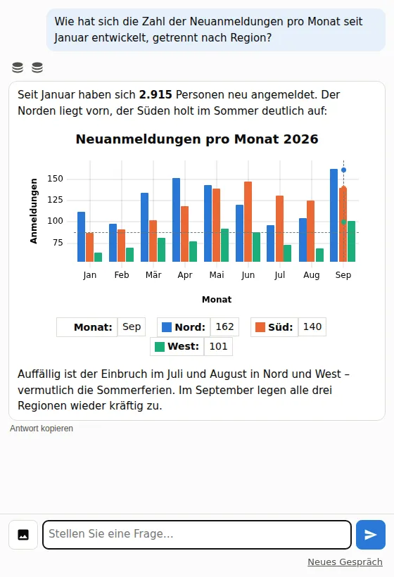 James zeigt die Neuanmeldungen pro Monat und Region als Balkendiagramm